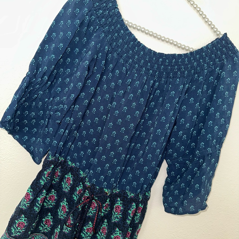 Anthropologie Navy Blue Off-Shoulder Tunic with Aqua and Pink Accents